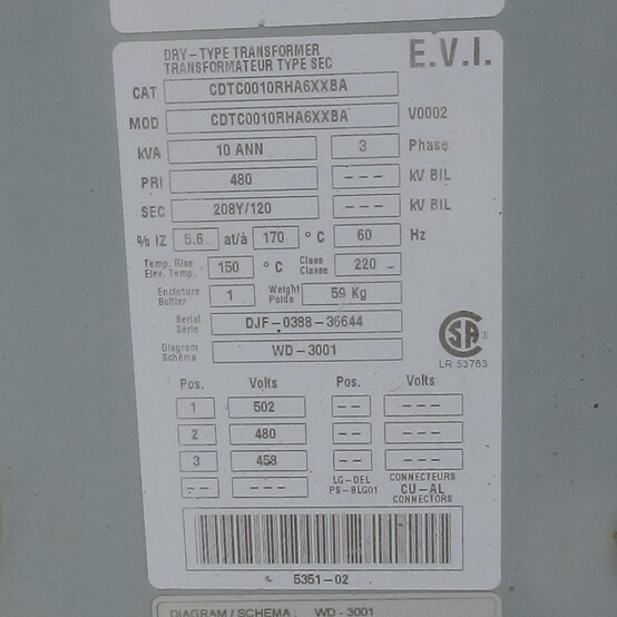 10 KVA 480 Primary, 208Y/120 Secondary, Delta #CDTC0010RHAXXBA, Dry Type Transformer 3 Phase - Image 2