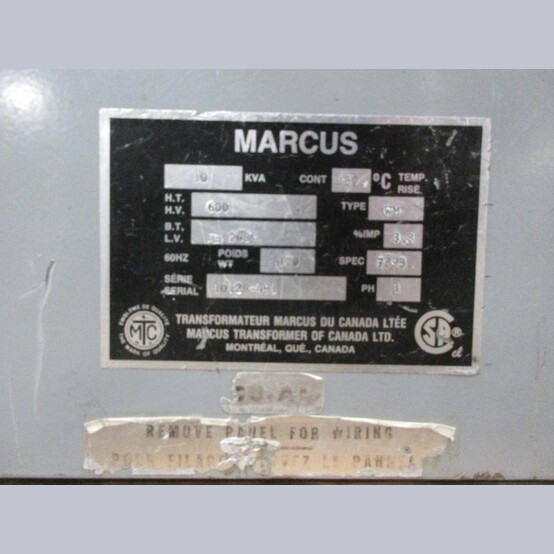 10 KVA 600 Primary, 208 Secondary, Marcus, Dry Type Transformer Single Phase - Image 2