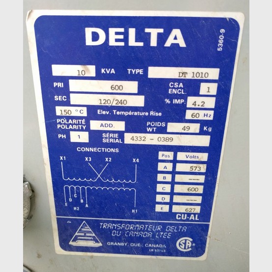 10 KVA 600 Primary, 120/240 Secondary, Delta, Dry Type Transformer Single Phase - Image 2