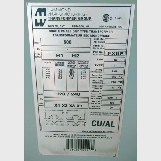 10 KVA 600 Primary, 120/240 Secondary, Hammond, Dry Type Transformer Single Phase - Image 2