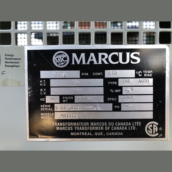 112.5 KVA 600 Primary, 240 Secondary, Marcus #MAT112.5A3, Dry Type Transformer 3 Phase - Image 3