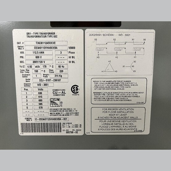 112.5 KVA 600 Primary, 208Y/120 Secondary, Siemens #E-CD3A0112VHA6XXBA-021, Dry Type Transformer 3 Phase - Image 3