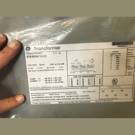 112.5 KVA 480 Primary, 208/120 Secondary, General Electric #9T83B3875G13, Dry Type Transformer 3 Phase - Image 2