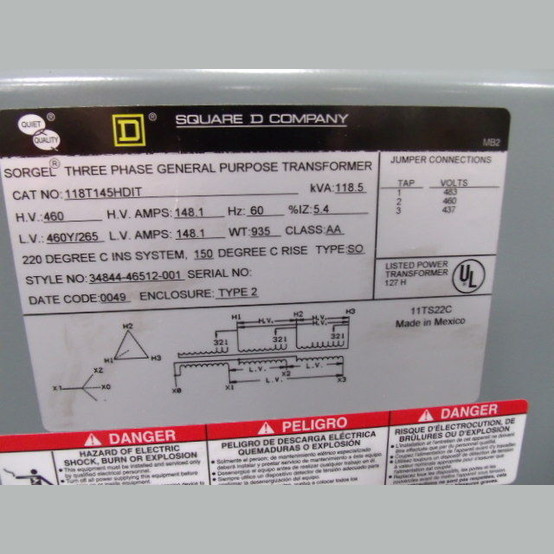 118.5 KVA 460 Primary, 460Y/265 Secondary, Square D #118T145HDIT, Dry Type Transformer 3 Phase, Never Used - Image 3