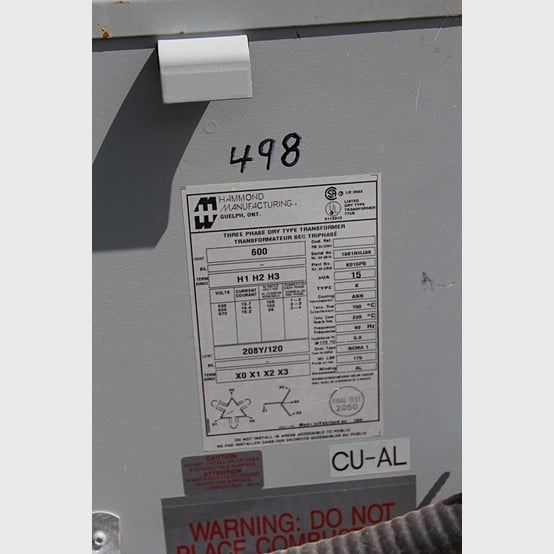 15 KVA 600 Primary, 208/120 Secondary, Hammond, Dry Type Transformer 3 Phase - Image 2