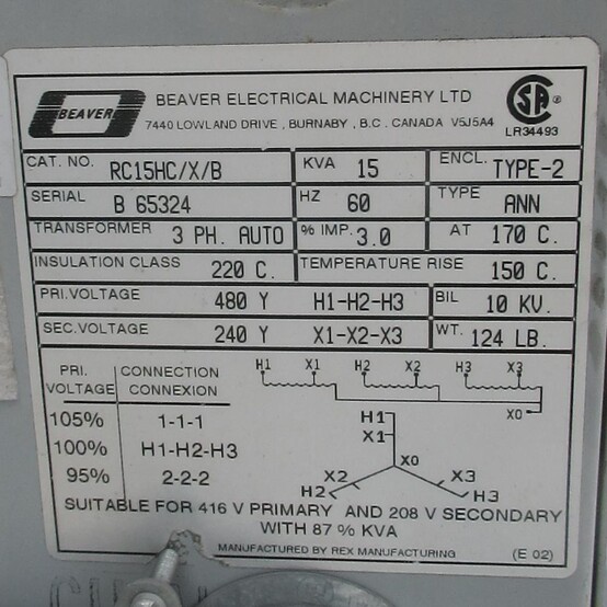15 KVA 480Y Primary, 240Y Secondary, Beaver #RC15HC/X/B, Dry Type Auto Transformer 3 Phase - Image 2