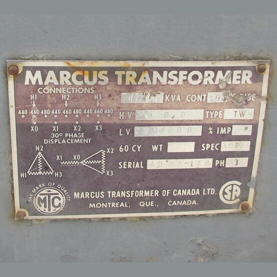 15 KVA 480 Primary, 120/208 Secondary, Marcus, Dry Type Transformer 3 Phase - Image 2