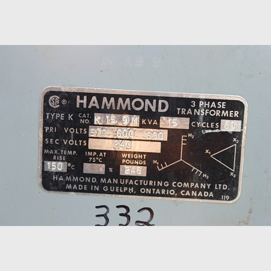 15 KVA 600 Primary, 240 Secondary, Hammond, Dry Type Transformer 3 Phase - Image 2