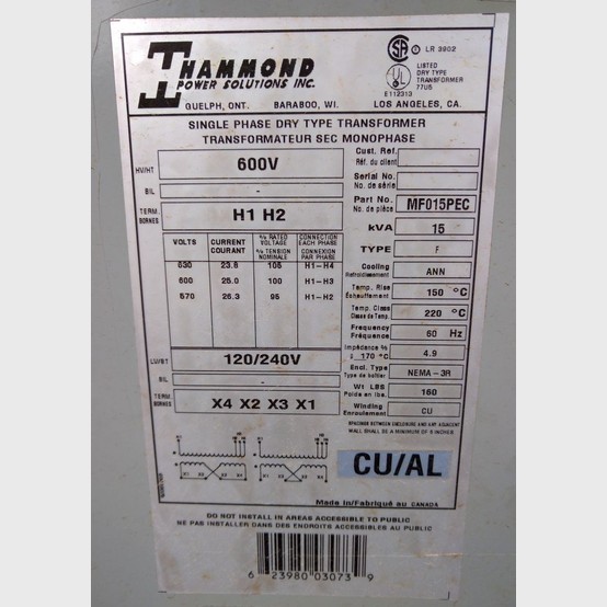 15 KVA 600 Primary, 120/240 Secondary, Hammond, Dry Type Transformer Single Phase - Image 2