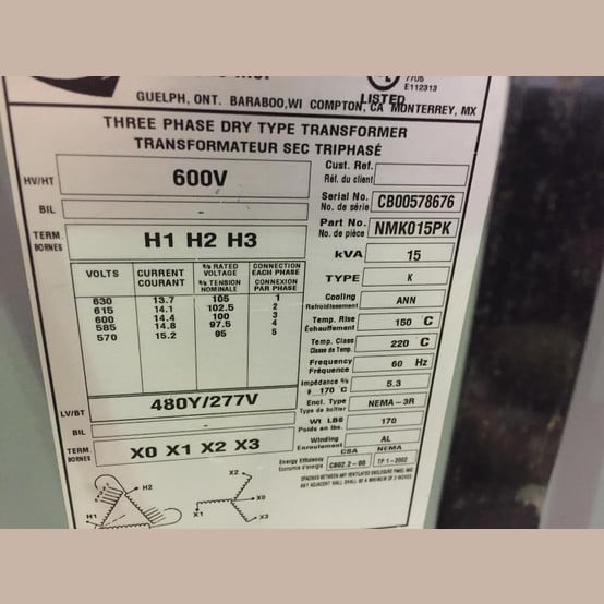 15 KVA 600 Primary, 480Y/277 Secondary, Hammond, Dry Type Transformer 3 Phase - Image 2