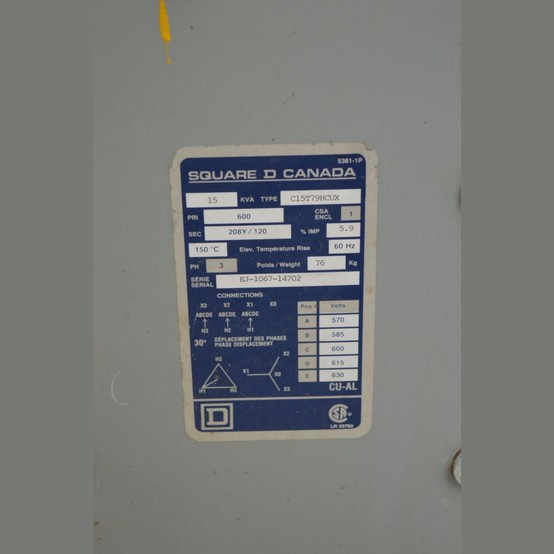 15 KVA 600 Primary, 208Y/120 Secondary, Square D #C15T79HCUX, Dry Type Transformer 3 Phase - Image 2