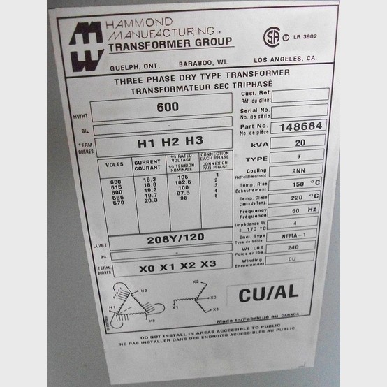 20 KVA 600 Primary, 208Y/120 Secondary, Hammond, Dry Type Transformer 3 Phase - Image 2