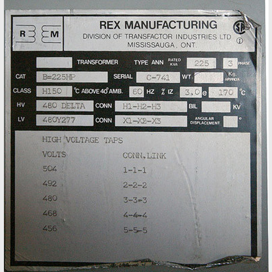 225 KVA 480 Delta Primary, 480Y/277 Secondary, Rex, Dry Type Transformer 3 Phase - Image 1