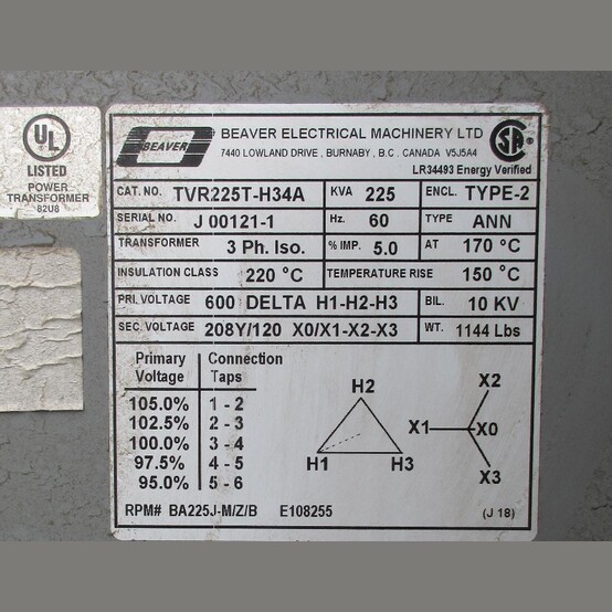 225 KVA 600 Delta Primary, 208Y/120 Secondary, Beaver Electrical Machinery #TVR225T-H34A, Dry Type Isolation - Image 2
