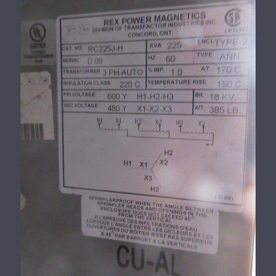 225 KVA 600Y Primary, 480Y Secondary, Rex Power Magnetics #RC225J-H, Dry Type Auto Transformer 3 Phase - Image 2
