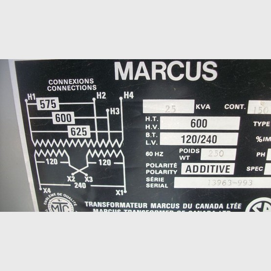25 KVA 600 Primary, 120/240 Secondary, Marcus, Dry Type Transformer Single Phase - Image 2