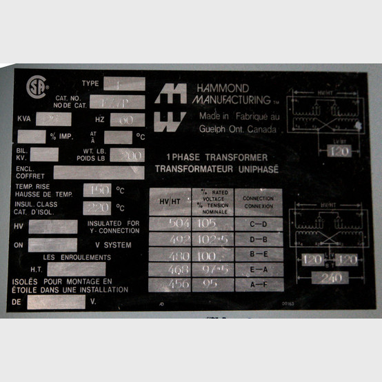 25 KVA 480 Primary, 120/240 Secondary, Hammond, Dry Type Transformer Single Phase - Image 2