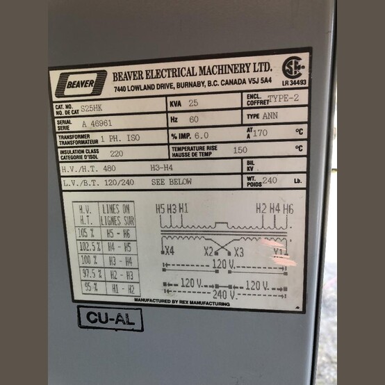 25 KVA 480 Primary, 120/240 Secondary, Beaver Electric #S25HK, Dry Type Transformer Single Phase - Image 3