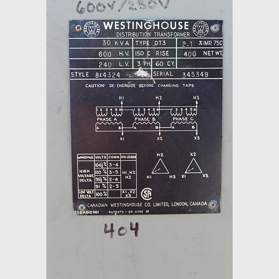 30 KVA 600 Primary, 240 Secondary, Westinghouse, Dry Type Transformer 3 Phase - Image 2