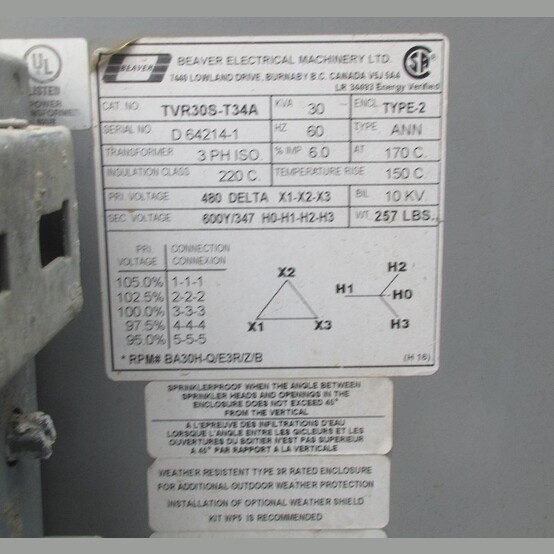 30 KVA 480 Delta Primary, 600Y/347V Secondary, Beaver Electrical Machinery #TVR30S-T34A, Dry Type Isolation - Image 3