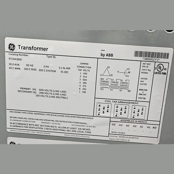 30 KVA 600 Primary, 208/120 Secondary, General Electric #9T10K3892, Dry Type Auto Transformer 3 Phase - Image 2