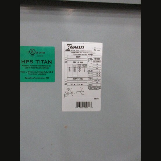 30 KVA 600 Primary, 208Y/120 Secondary, Hammond #P030PBKF, Dry Type Transformer 3 Phase - Image 2