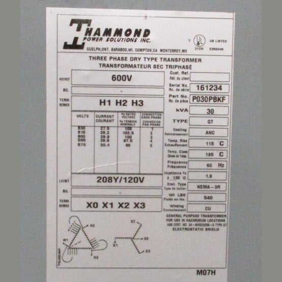 30 KVA 600 Primary, 208Y/120 Secondary, Hammond #P030PBKF, Dry Type Transformer 3 Phase - Image 3