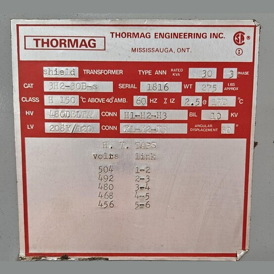30 KVA 480 Primary, 208Y/120 Secondary, Thormag Engineering #3H2-30B-S, Dry Type Auto Transformer 3 Phase - Image 2