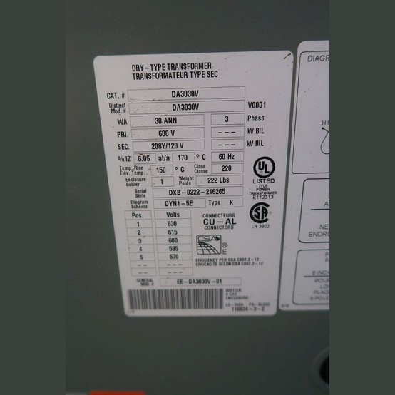 30 KVA 600 Primary, 208Y/120 Secondary, Delta #DA3030, Dry Type Transformer 3 Phase - Image 3