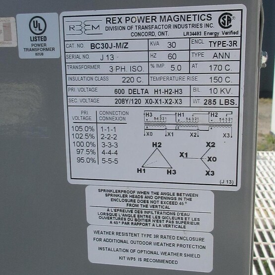 30 KVA 600 Primary, 208Y/120 Secondary, Rex Power Magnetics #BC30J-M/Z, Dry Type Isolation Transformer 3 Phase - Image 3
