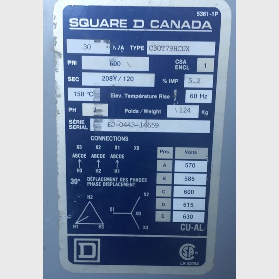 30 KVA 600 Primary, 208Y/120 Secondary, Square D, Dry Type Transformer 3 Phase - Image 2