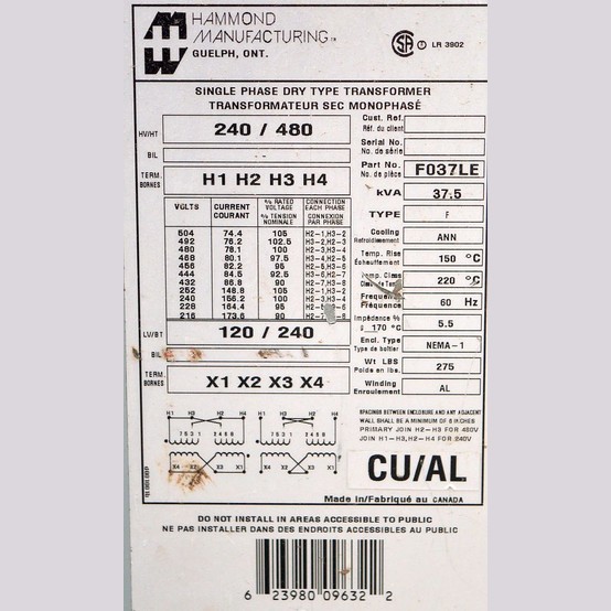 37.5 KVA 240/480 Primary, 120/240 Secondary, Hammond #F037LE, Dry Type Transformer 3 Phase - Image 2