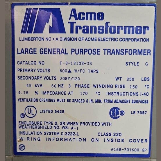 45 KVA 600 Primary, 208Y/120 Secondary, Acme Transformer #T-3-13103-3S, Dry Type Transformer 3 Phase - Image 2