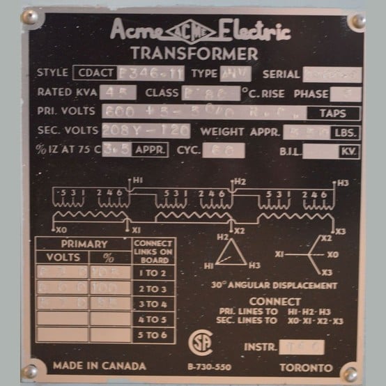 45 KVA 600 Primary, 120/208 Secondary, Acme Electric, Dry Type Transformer 3 Phase - Image 2