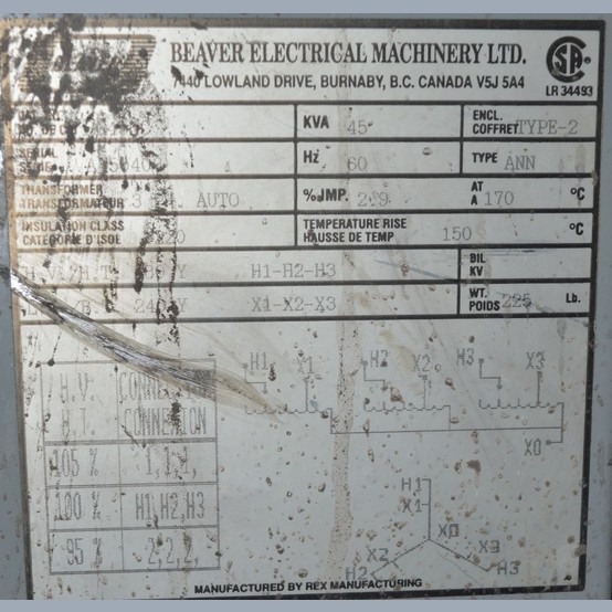 45 KVA 480 Primary, 240 Secondary, Beaver, Dry Type Transformer 3 Phase - Image 2