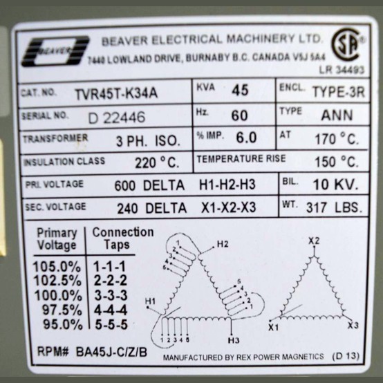 45 KVA 600 Primary, 240 Secondary, Beaver, Dry Type Transformer 3 Phase - Image 2
