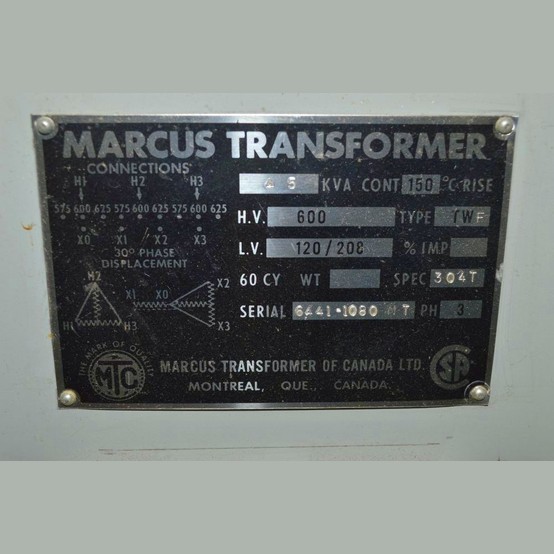 45 KVA 600 Primary, 120/208 Secondary, Marcus, Dry Type Transformer 3 Phase - Image 2