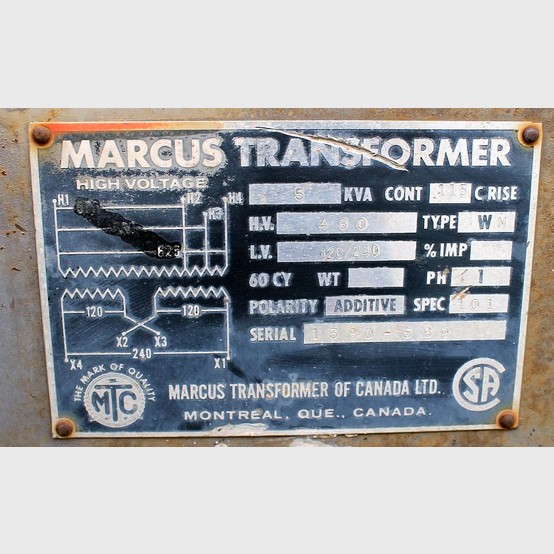 5 KVA 480 Primary, 120/240 Secondary, Marcus, Dry Type Transformer Single Phase - Image 2