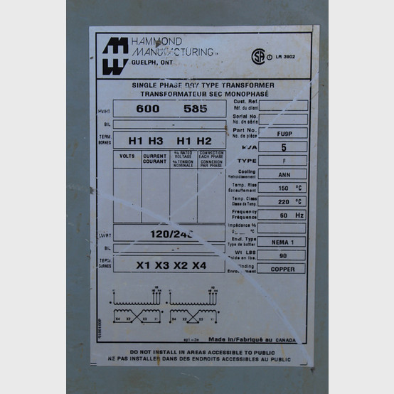 5 KVA 600 Primary, 240/120 Secondary, Hammond, Dry Type Transformer Single Phase - Image 2
