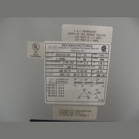 51 KVA 460 Delta Primary, 230Y/133 Secondary, Rex #DA51H1S1/KA, Dry Type Transformer 3 Phase - Image 3