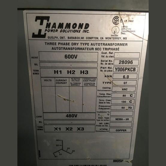 6 KVA 600 Delta Primary, 480 Delta Secondary, Hammond, Dry Type Auto Transformer 3 Phase - Image 2