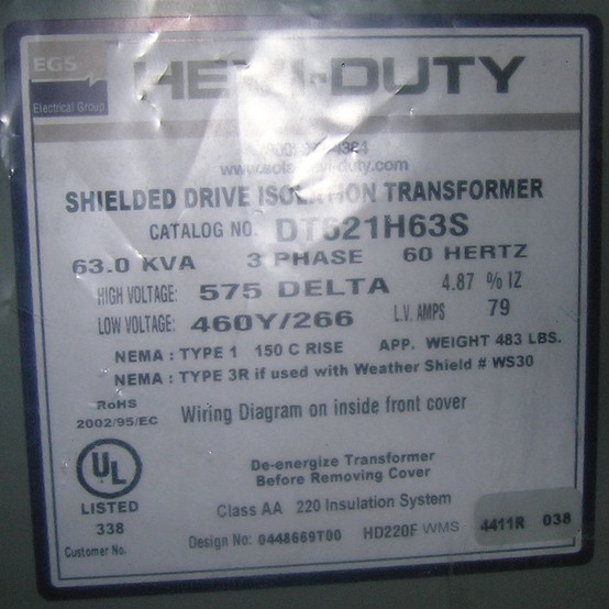 63 KVA 575 Delta Primary, 460Y/266V Secondary, Hevi-Duty, Dry Type Shielded Drive Isolation Transformer 3 - Image 2