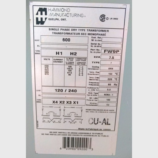 7.5 KVA 600 Primary, 120/240 Secondary, Hammond, Dry Type Transformer Single Phase - Image 2