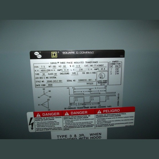 7.5 KVA 460Y/266V Primary, 230 Secondary, Square D #7T143HDIT, Dry Type Transformer 3 Phase, Never Used - Image 2