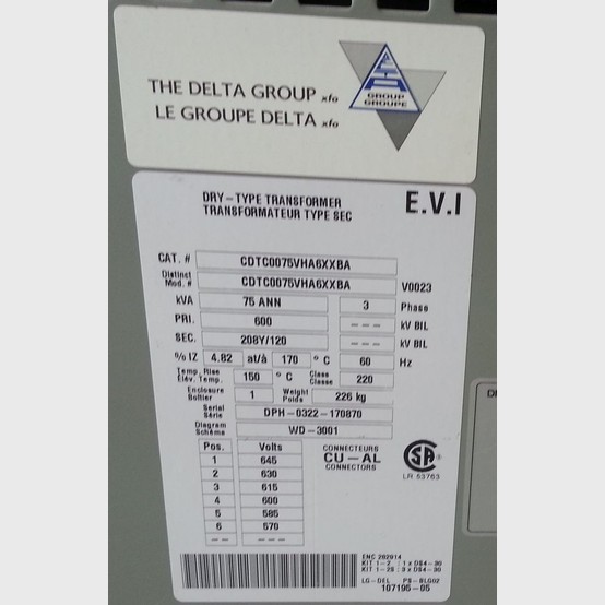 75 KVA 600 Primary, 208Y/120 Secondary, Delta, Dry Type Transformer 3 Phase - Image 2