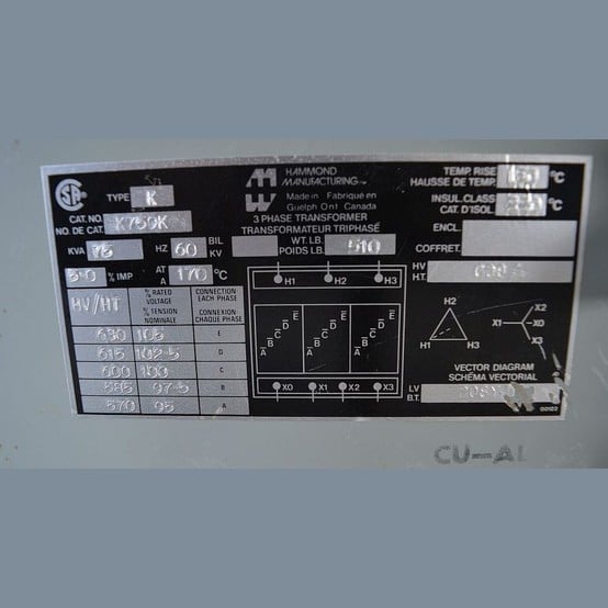 75 KVA 600 Primary, 208Y Secondary, Hammond, Dry Type Transformer 3 Phase - Image 2