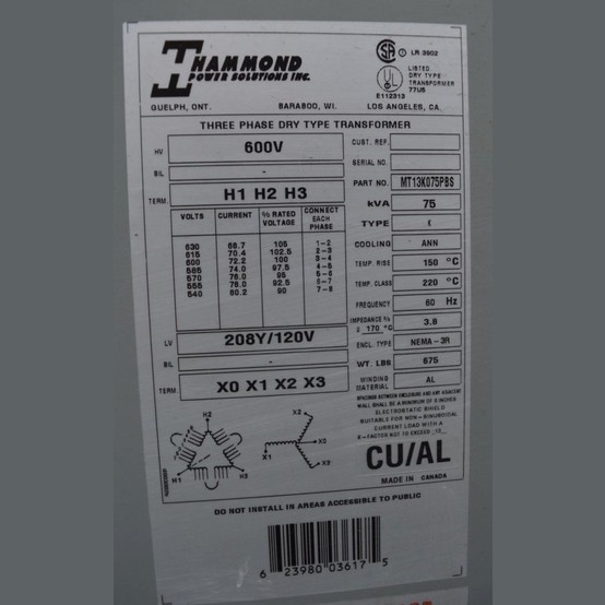 75 KVA 600 Primary, 208Y/120 Secondary, Hammond, Dry Type Transformer 3 Phase - Image 2