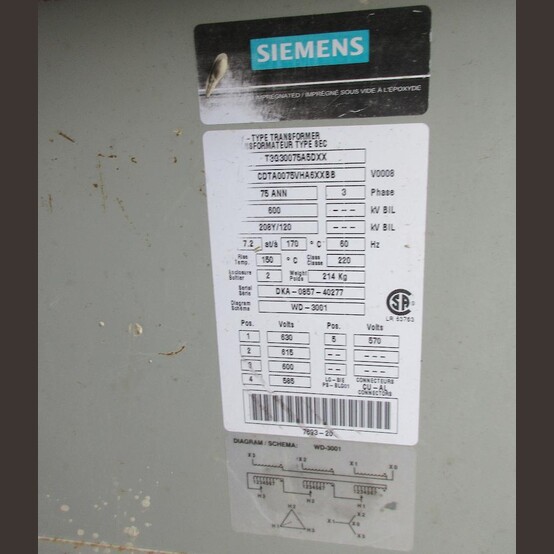 75 KVA 600 Primary, 120/208Y Secondary, Siemens, Dry Type Transformer 3 Phase - Image 2