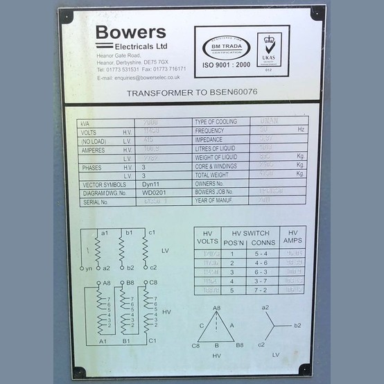 2000 KVA 11,450 Primary, 415V Secondary, Bowers, Oil Filled Transformer 3 Phase (5 available) - Image 2