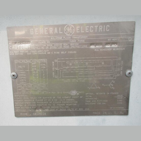 500 KVA 13,200 Primary, 480Y/277 Secondary, General Electric #M 125152B, Liquid Filled Pad Transformer 3 Phase - Image 2